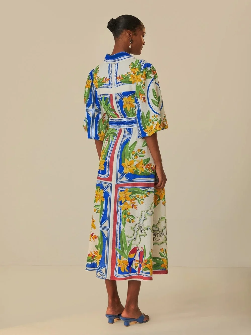 FARM Rio White Midi Shirt Dress with Blue Stripes and Yellow Floral Print - Picture 4 of 7